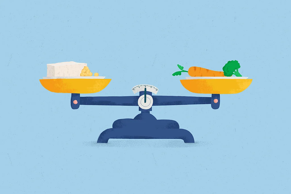 Image d'une balance avec un bloc de tofu d'un côté et des légumes de l'autre.