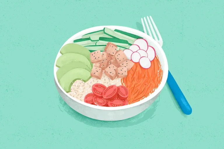 Illustration par Alice Hosdain d'un poke bol de tofu, légume et riz