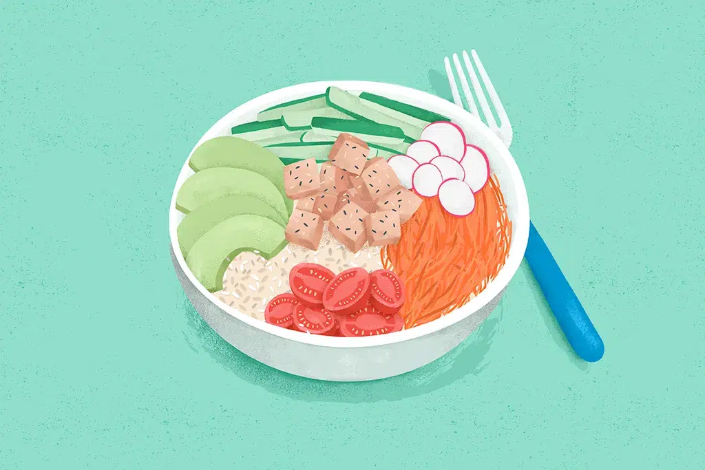 Illustration par Alice Hosdain d'un poke bol de tofu, légume et riz