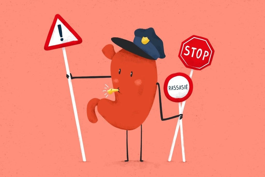 Image d'un estomac, police alimentaire qui veille au respect de l'écoute de son corps, un régime alimentaire déguisé. En main, une pancarte stop, montrant la rigidité.
