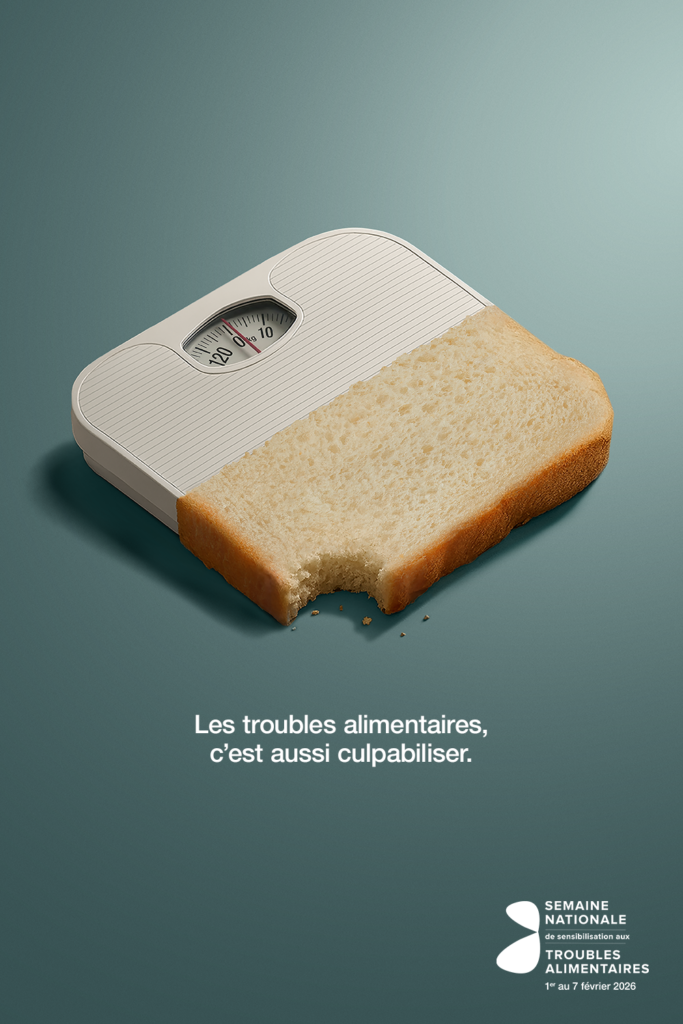 Image d'une balance combinée à un pain avec le texte : les troubles alimentaires, c'est aussi culpabiliser