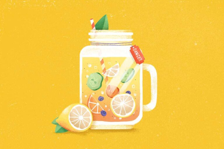 Illustration d'une boisson avec un étiquette danger et un citron coupé sur fond jaune pour traiter du sujet des cures détox
