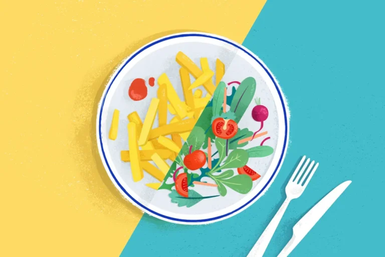 Illustration par Alice Hosdain d'une assiette avec une moitié frite et une moitié salade pour aborder l'importance de la satisfaction et les impacts de la restriction cognitive.