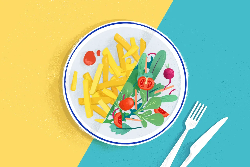 Illustration par Alice Hosdain d'une assiette avec une moitié frite et une moitié salade pour aborder l'importance de la satisfaction et les impacts de la restriction cognitive. 