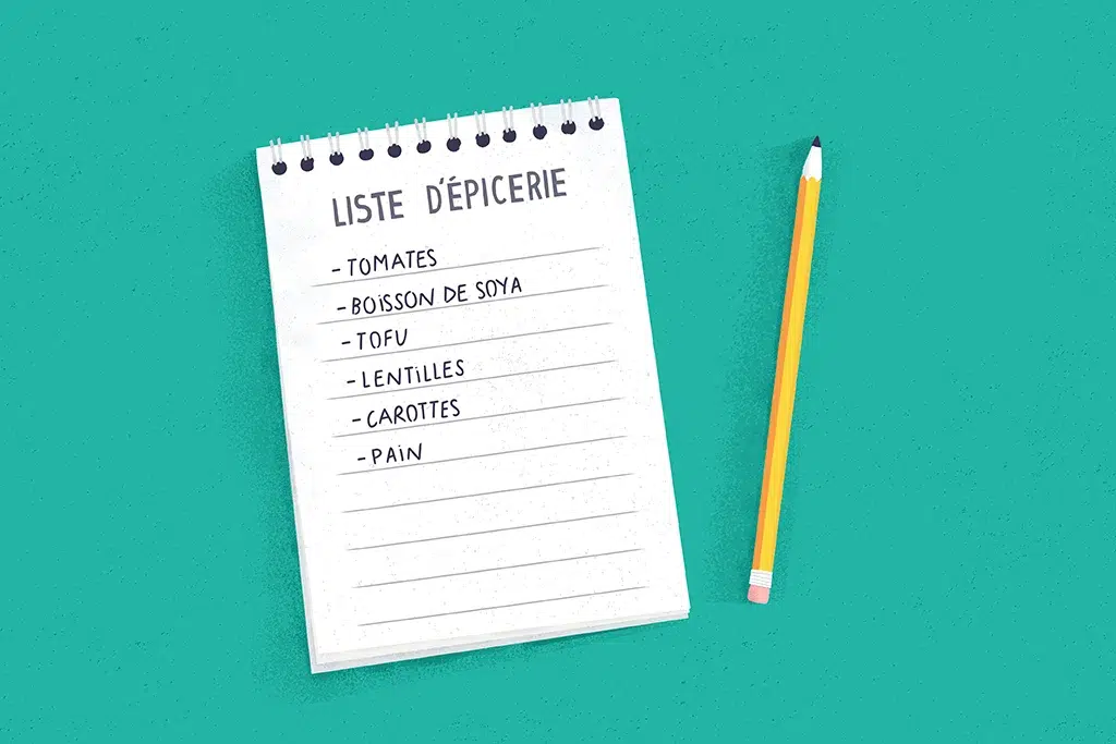 Illustration par Alice Hosdain d'une liste d'épicerie pour un article sur la planification des repas par Caroline Cloutier